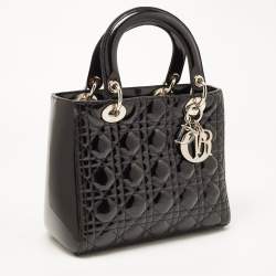 Pre Owned Dior Black Cannage Patent Leather Medium Lady Dior Tote