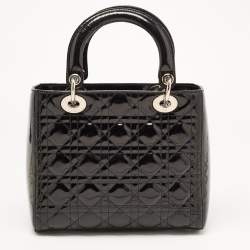 Pre Owned Dior Black Cannage Patent Leather Medium Lady Dior Tote