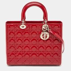 Pre Owned Dior Red Cannage Patent Leather Large Lady Dior Tote