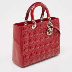 Pre Owned Dior Red Cannage Patent Leather Large Lady Dior Tote