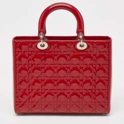 Pre Owned Dior Red Cannage Patent Leather Large Lady Dior Tote
