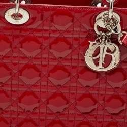 Pre Owned Dior Red Cannage Patent Leather Large Lady Dior Tote