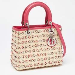 Pre Owned Dior Beige/Pink Raffia,Tweed and Leather Medium Lady Dior Tote