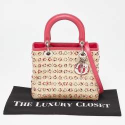 Pre Owned Dior Beige/Pink Raffia,Tweed and Leather Medium Lady Dior Tote