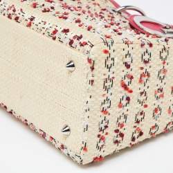 Pre Owned Dior Beige/Pink Raffia,Tweed and Leather Medium Lady Dior Tote