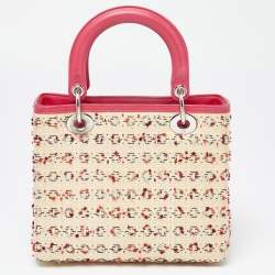 Pre Owned Dior Beige/Pink Raffia,Tweed and Leather Medium Lady Dior Tote