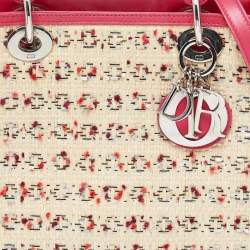 Pre Owned Dior Beige/Pink Raffia,Tweed and Leather Medium Lady Dior Tote