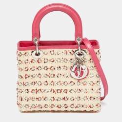 Pre Owned Dior Beige/Pink Raffia,Tweed and Leather Medium Lady Dior Tote