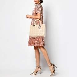 Pre Owned Dior Beige Cannage Patent Leather Large Lady Dior Tote