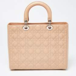 Pre Owned Dior Beige Cannage Patent Leather Large Lady Dior Tote