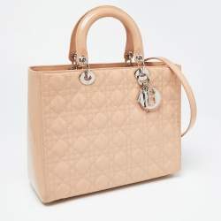 Pre Owned Dior Beige Cannage Patent Leather Large Lady Dior Tote