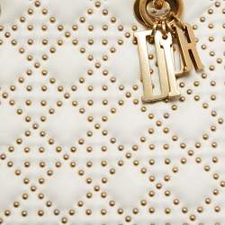 Pre Owned Dior White/Gold Leather Medium Studded Supple Lady Dior Tote