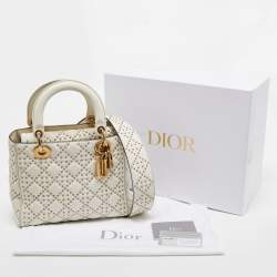 Pre Owned Dior White/Gold Leather Medium Studded Supple Lady Dior Tote