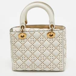 Pre Owned Dior White/Gold Leather Medium Studded Supple Lady Dior Tote