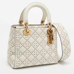 Pre Owned Dior White/Gold Leather Medium Studded Supple Lady Dior Tote