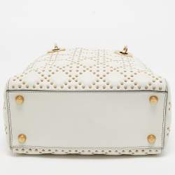Pre Owned Dior White/Gold Leather Medium Studded Supple Lady Dior Tote