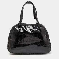 Pre Owned Dior Black Oblique Nylon and Croc Patent Leather Ethnic Braided Bag
