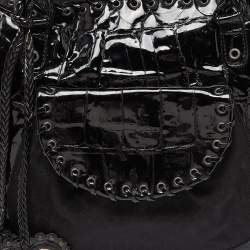 Pre Owned Dior Black Oblique Nylon and Croc Patent Leather Ethnic Braided Bag