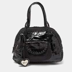 Pre Owned Dior Black Oblique Nylon and Croc Patent Leather Ethnic Braided Bag