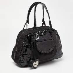 Pre Owned Dior Black Oblique Nylon and Croc Patent Leather Ethnic Braided Bag
