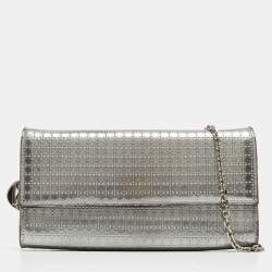Pre Owned Dior Silver Microcannage Patent Leather Croisiere Wallet on Chain