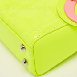 Pre Owned Dior Neon Green Patent Leather Embroidered Patches Mini Lady Dior Tote Bag