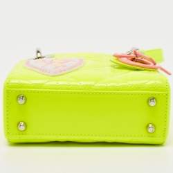Pre Owned Dior Neon Green Patent Leather Embroidered Patches Mini Lady Dior Tote Bag
