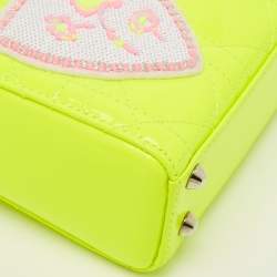 Pre Owned Dior Neon Green Patent Leather Embroidered Patches Mini Lady Dior Tote Bag