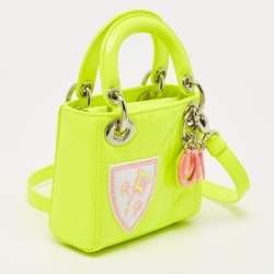 Pre Owned Dior Neon Green Patent Leather Embroidered Patches Mini Lady Dior Tote Bag