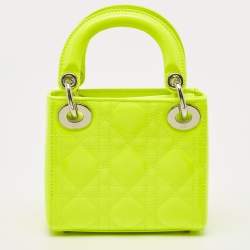 Pre Owned Dior Neon Green Patent Leather Embroidered Patches Mini Lady Dior Tote Bag