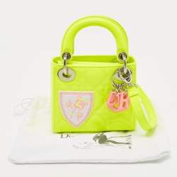 Pre Owned Dior Neon Green Patent Leather Embroidered Patches Mini Lady Dior Tote Bag