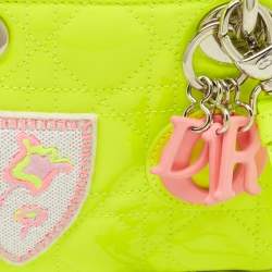 Pre Owned Dior Neon Green Patent Leather Embroidered Patches Mini Lady Dior Tote Bag