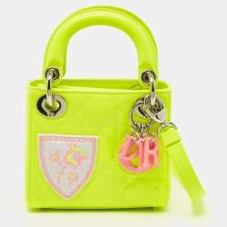 Pre Owned Dior Neon Green Patent Leather Embroidered Patches Mini Lady Dior Tote Bag