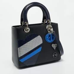 Dior Black Leather Medium Heart Patch Embellished Lady Dior Tote