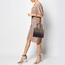 Pre Owned Dior Gold/Dark Brown Microcannage Patent Leather Medium Lady Dior Tote