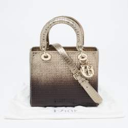 Pre Owned Dior Gold/Dark Brown Microcannage Patent Leather Medium Lady Dior Tote