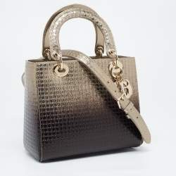 Pre Owned Dior Gold/Dark Brown Microcannage Patent Leather Medium Lady Dior Tote