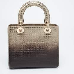 Pre Owned Dior Gold/Dark Brown Microcannage Patent Leather Medium Lady Dior Tote