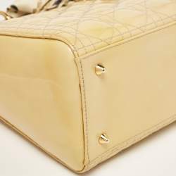 Pre Owned Dior Beige Cannage Patent Leather Medium Lady Dior Tote