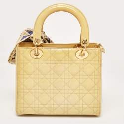 Pre Owned Dior Beige Cannage Patent Leather Medium Lady Dior Tote