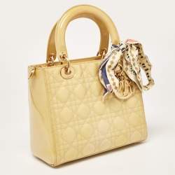 Pre Owned Dior Beige Cannage Patent Leather Medium Lady Dior Tote