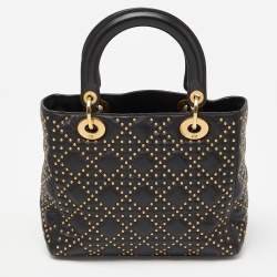 Pre Owned Dior Black Leather Medium Studded Supple Lady Dior Tote