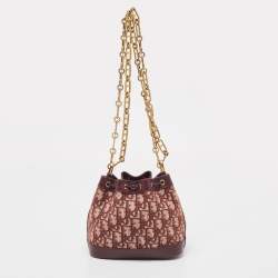 Pre Owned Dior Burgundy Oblique Canvas and Leather Drawstring Chain Bucket Bag