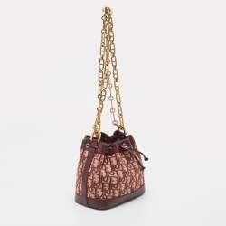 Pre Owned Dior Burgundy Oblique Canvas and Leather Drawstring Chain Bucket Bag