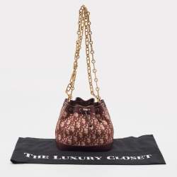 Pre Owned Dior Burgundy Oblique Canvas and Leather Drawstring Chain Bucket Bag
