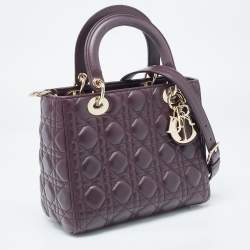 Pre Owned Dior Burgundy Cannage Leather Medium Lady Dior Tote