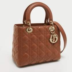 Pre Owned Dior Brown Cannage Leather Medium Lady Dior Tote