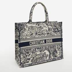 Dior Navy Blue/White Toile De Jouy Embroidery Canvas Large Book Tote