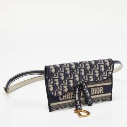 Pre Owned Dior Navy Blue/White Oblique Canvas and Leather Saddle Belt Bag