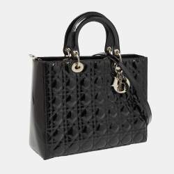 Pre Owned Dior Black Cannage Patent Leather Large Lady Dior Tote